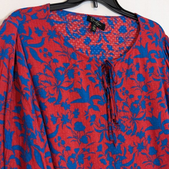 JESSICA SIMPSON Red & Blue Floral Long Sleeve Pullover Top; Size 2X - Picture 2 of 6